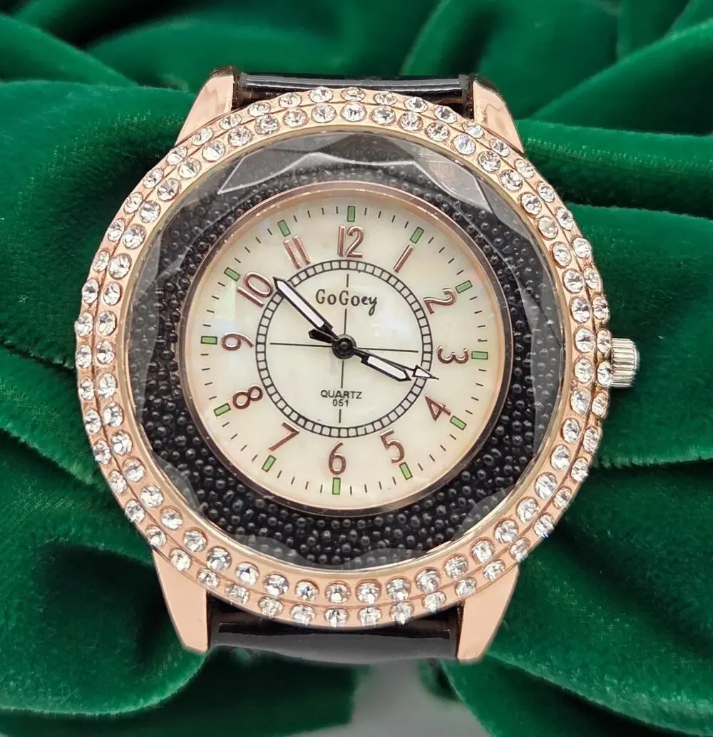 GoGoey Floating Caviar Bead Watch Black Rhinestone Rose Gold Band WORKING